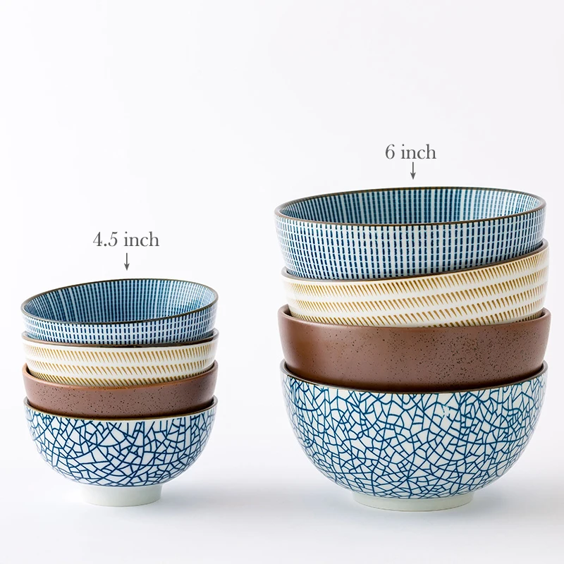 Set of 4pcs Ceramic Bowls Japanese Rice Bowl Blue Stripe Soup Bowl Restaurant Retro Dinnerware 4.5 inch Microwave Safe