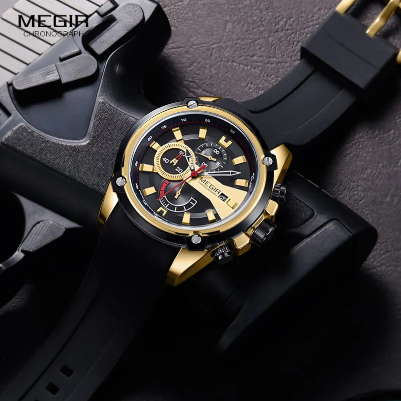 MEGIR Men\'s Quartz Watches Silicone Strap Leisure Sports Chronograph Wristwatch for Man Clock Relogios Masculino 2086 Gold Black