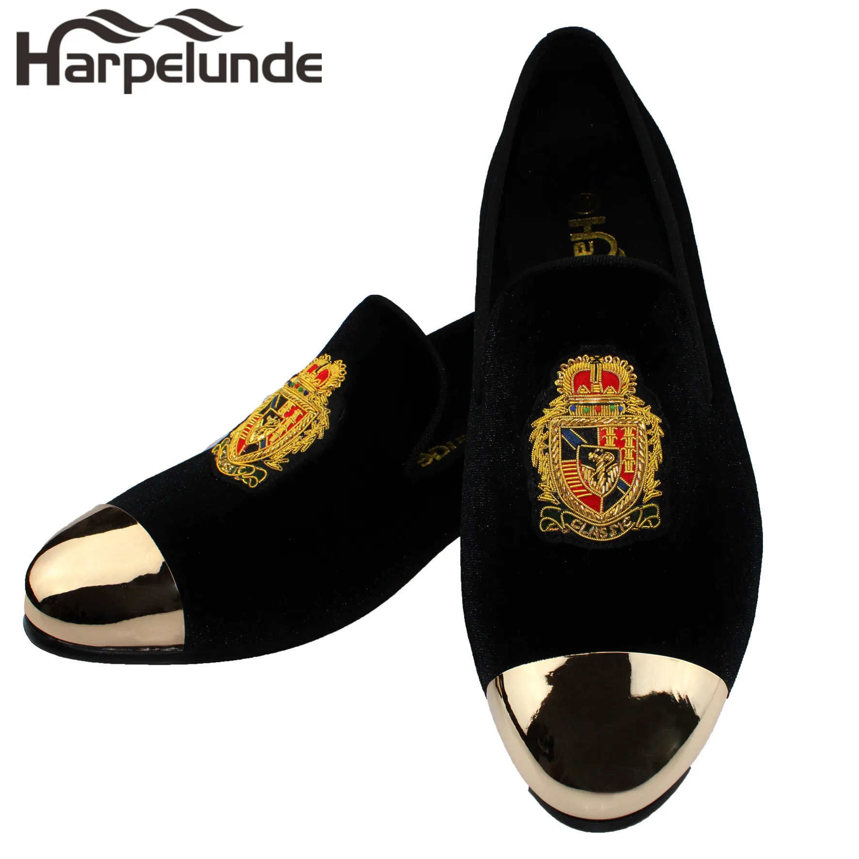 

Harpelunde Motif Bullion Men Wedding Shoes Black Velvet Loafers With Copper Cap Toe