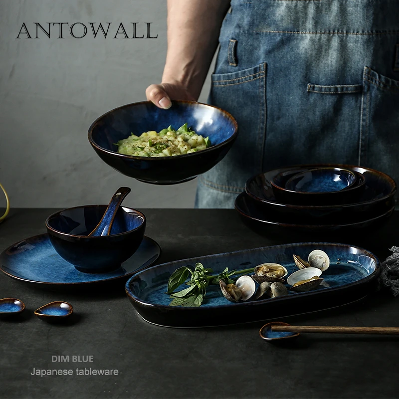 ANTOWALL Dim Blue Ceramic Tableware Dinner Set Bowl Dishes Plate Services Set Porcelain Tableware