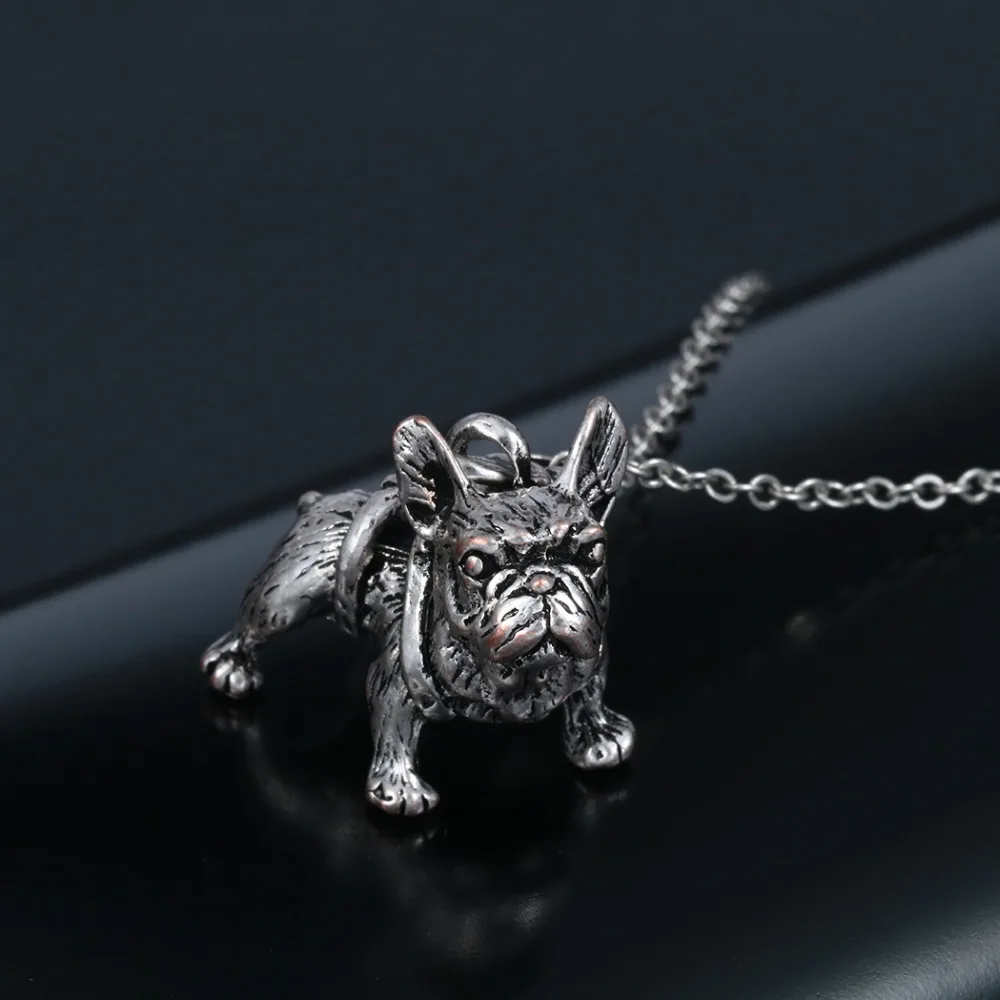 French Bulldog 3D Animal Pendant Necklace Chunky Long Chain Antique Bronze  Plated Sweater Torque For Women Men Jewelry