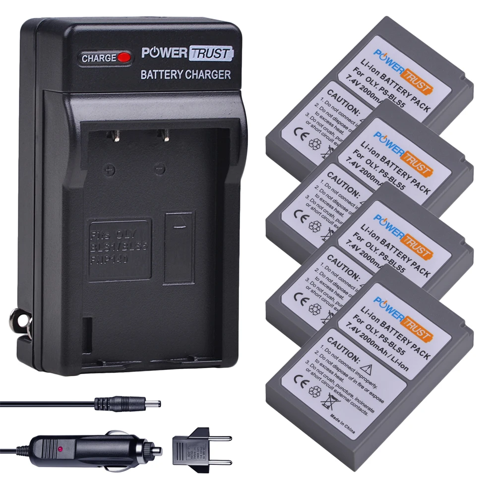 4x 7.4V 2000mAh PS-BLS5 BLS-5 BLS5 BLS50 Camera Battery + Wall Charger Kits for Olympus PEN E-PL2,E-PL5,E-PL6,E-PL7,E-PM2,E-M10