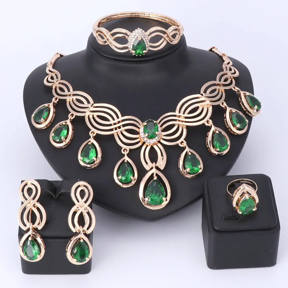 Top Exquisite Dubai Tassel Gem Jewelry Set Luxury Gold Color Crystal Necklace Big Nigerian Wedding African Beads Jewelry Sets