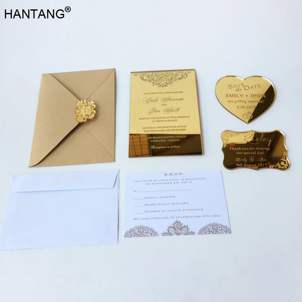 

115x175mm Rectangle Shape Engraved Golden Mirror Acrylic Wedding Invitation Card Set 100 Sets Per Lot