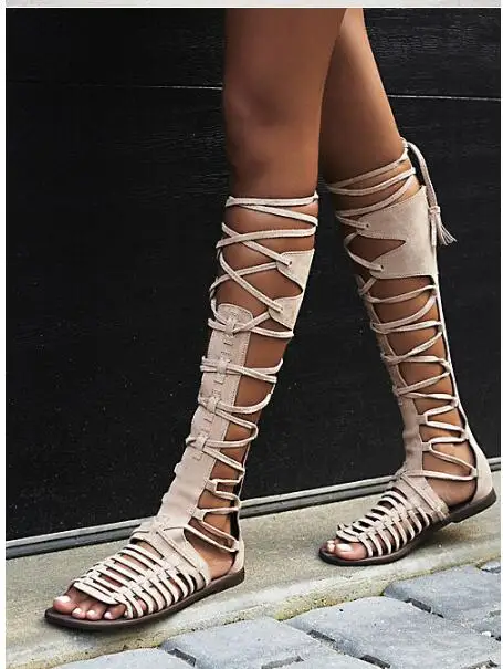 New Flat With Sandals Boots Woman Sexy Suede Knee High Lace-up Gladiator Boots Peep Toe Comfort Summer Casual Shoes Boots