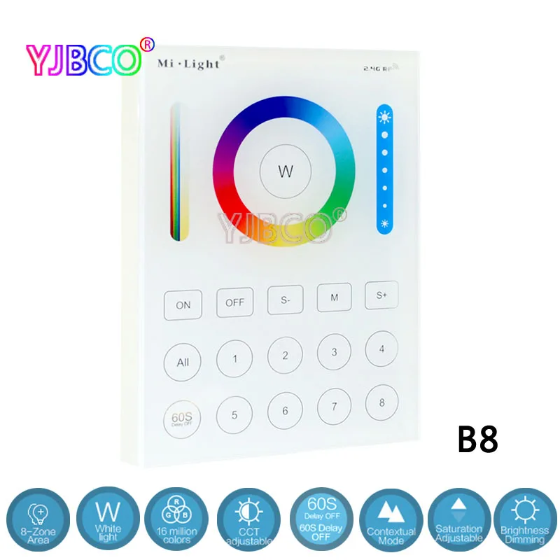 2.4GHz Wireless 8 Zone FUT089 Remote/B8 Wall-mounted Touch Panel;LS2 5 IN 1Smart Controller For12~24V RGB RGBW RGB+CCT Led Strip