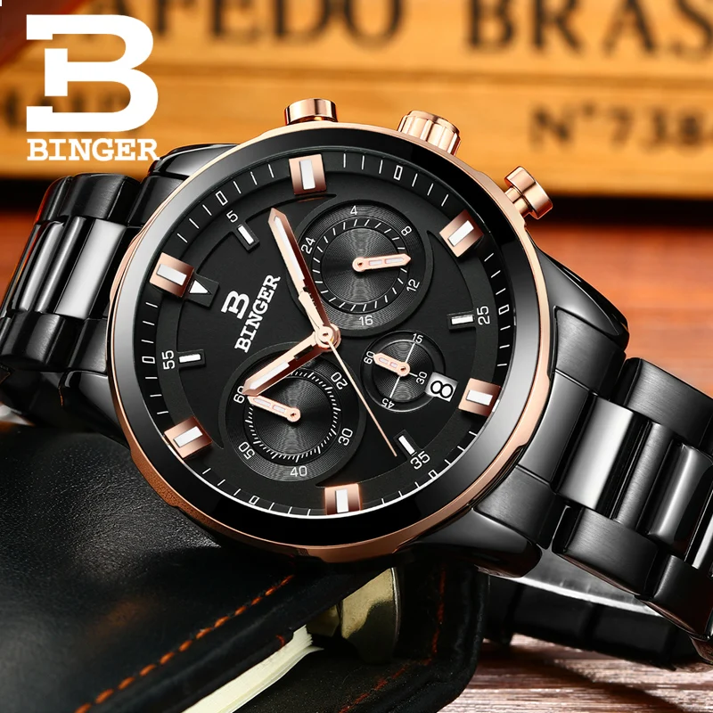 2017 New Watch Chronograph  Men\'s Sport Military Wristwatches BINGER Brand  Stainless Steel Quartz Watches Waterproof B-9011G