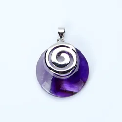 Natural Stone Pendant for Necklaces Hollow Out Round Spiral Metal Charms Purple White Crystal Tiger Eye Aventurine Reiki Jewelry