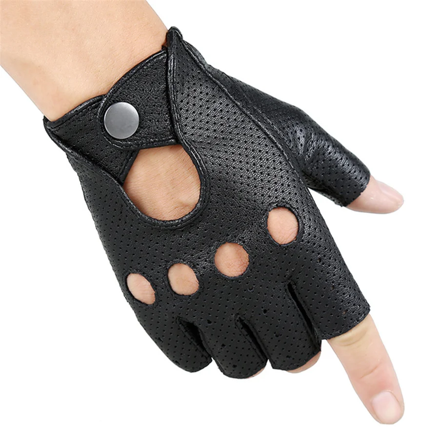 Breathable Hollow Men And Women Genuine Leather Gloves Wrist Half Finger Gloves Solid Neutral Adult Fingerless Y-10-5