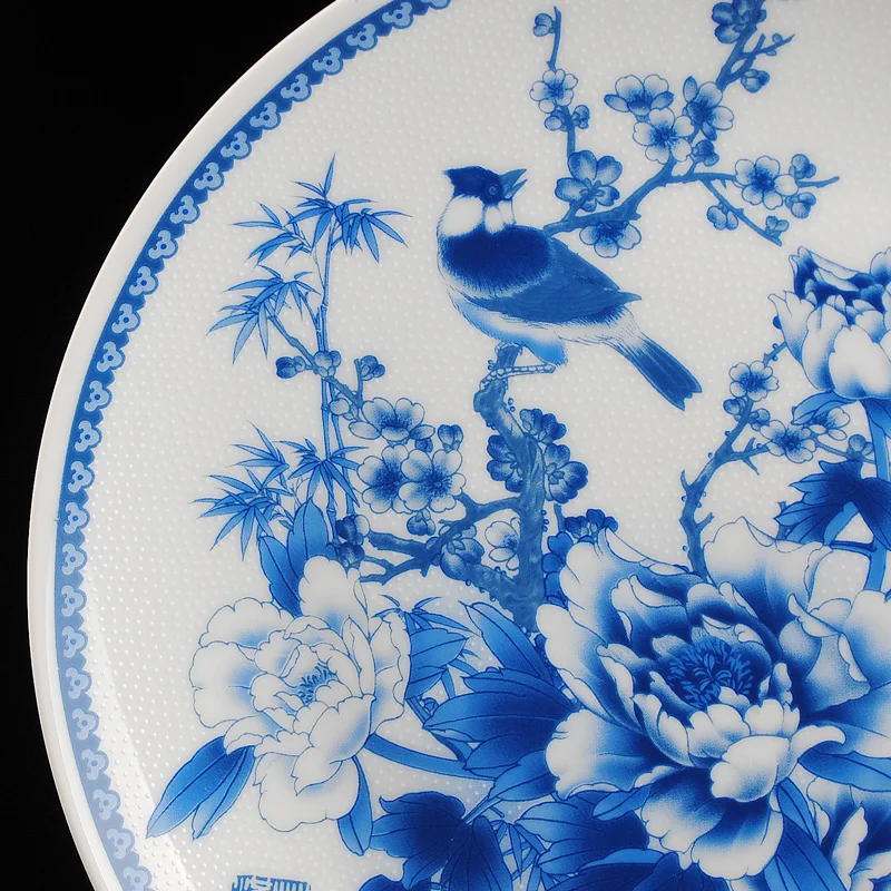 Jingdezhen Ceramic Blue and White Wealth Plate Porcelain Decorative Plate Metope For Living Room Hotel