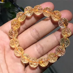 Natural Yellow Citrine Quartz Bracelet Gemstone Citrine Carved Round Beads Bracelet Wealthy Men Anniversary Love New AAAAAA