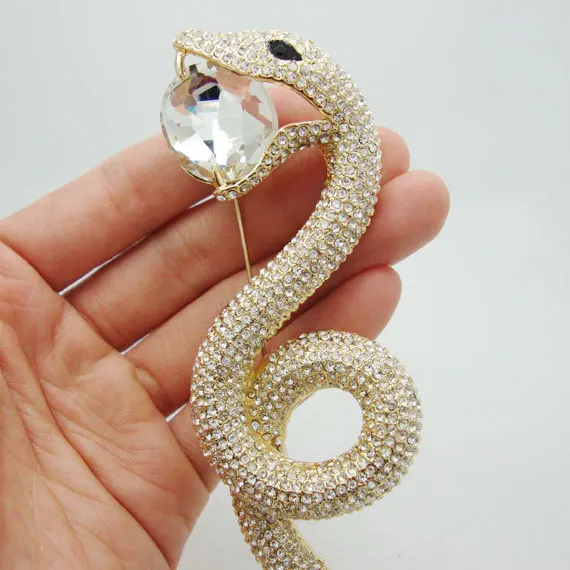 TTjewelry High Quality Luxurious Long Snake Pendant Animal Brooch Pin Clear Rhinestone Crystal Classic Women Party Brooch