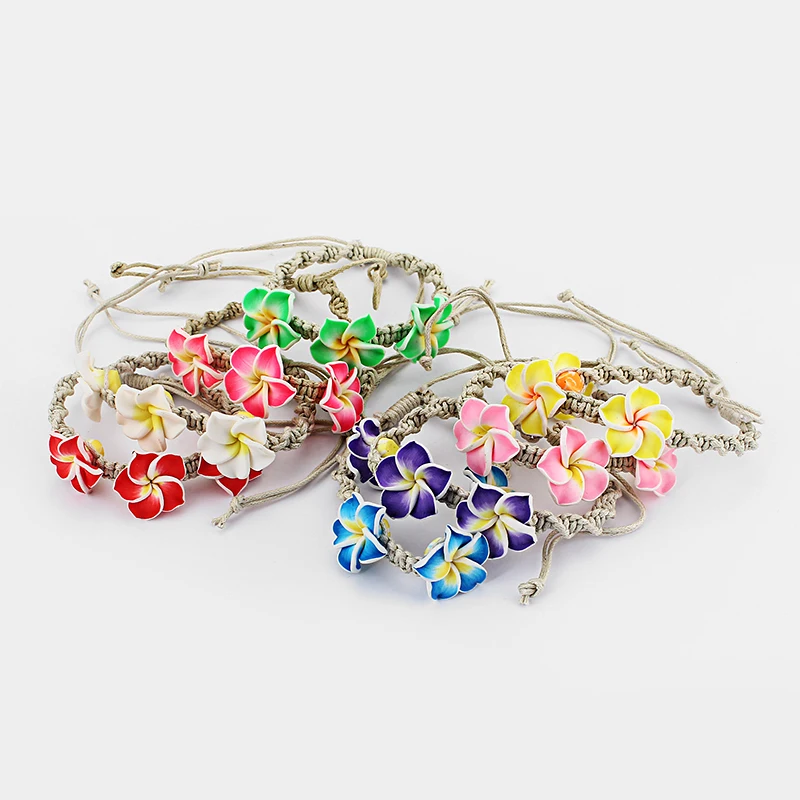 8Pcs/lot Clay Plumeria Flower Wax Cord Bracelets Lucky Friendship Surfer Fashion Handmade Braided Bracelets For Girls Women