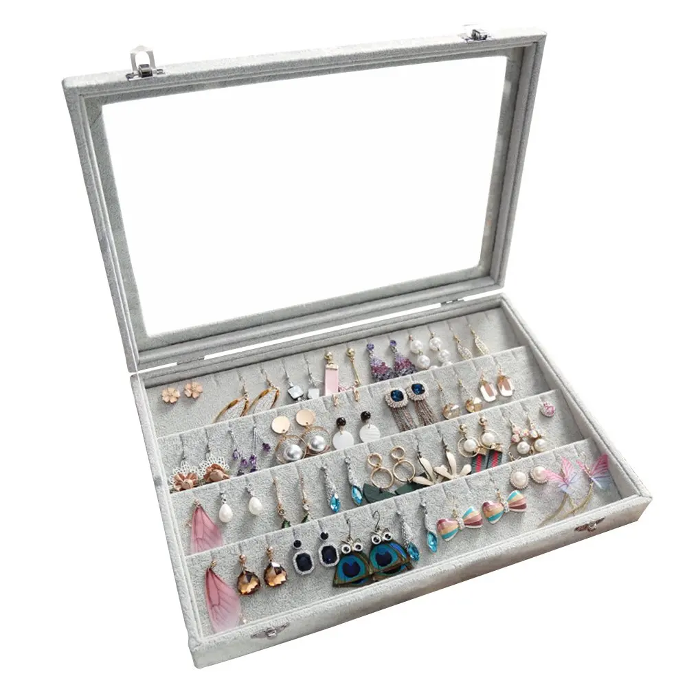 

SZanbana 32 Pairs Clear Lid Earrings Organizer Holder Gray Velvet Jewelry Tray Display Showcase Storage For Women & Girls