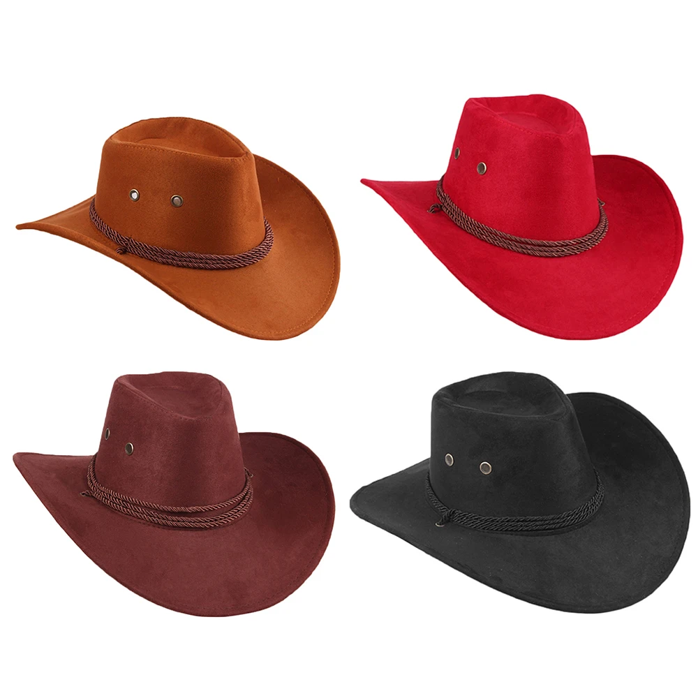 

Western Mens Cowboy Hats Wide Brim Travel Sun Hat Cowboy Cowgirl Faux Suede Triple Strings Homme Cowboy Summer Sun Hat