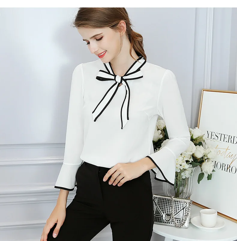 Spring Summer Chiffon Shirt Office Ladies New Korean Solid Color Blouses Women Fashion Bowknot Casual Elegant Top Clothes H9120