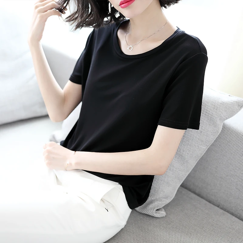 

Female Heavy Twist, Silk, Short Sleeved Round Neck, High End 180g Knitted Pure Silk T-shirt