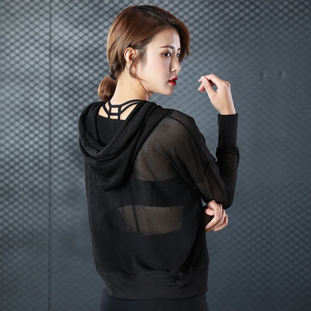 Fashion Women Mujer Sexy Mesh Hooded T-Shirt Quick-Drying Fitness Running Gym Yoga Top Casual Long Sleeve Transparent Hoodies