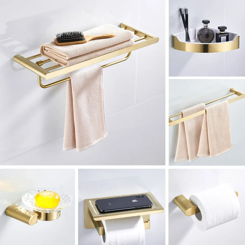 

Bathroom Accessories Set Towel Rack/Bar Toilet Brush Holder Corner Shelf Tissue Rack Stainless Steel Bath Hardware Brushed Gold