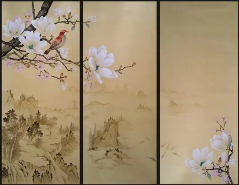 Hand-painted silk wallpaper painting Magnolia with Flower/birds hand painted wall paper TV/sofa/bedroom/living room wallcovering