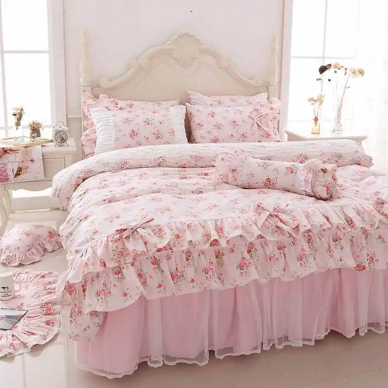 Koreaanse Bloemen Print Kant Beddengoed Set Queen King Size Ruche Strik Prinses Dekbedovertrek Roze Sprei Bedrok 100% Katoen