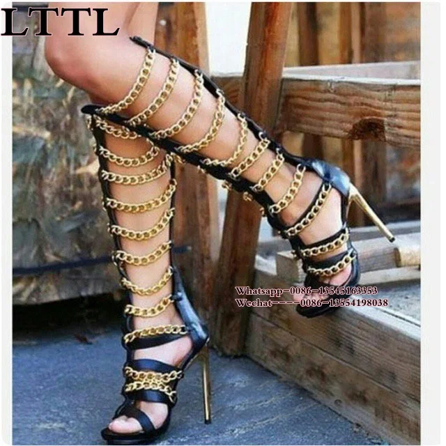 Super Trendy Knee High Gladiator Gold Chained Sandal Boots Summer Women Sexy Hollow Cut thin high heel Long Sandals Dropship