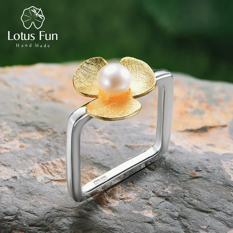 Lotus Fun Real 925 Sterling Silver Natural Pearl Handmade Fine Jewelry Square Ring Fresh Clover Flower Rings for Women Bijoux