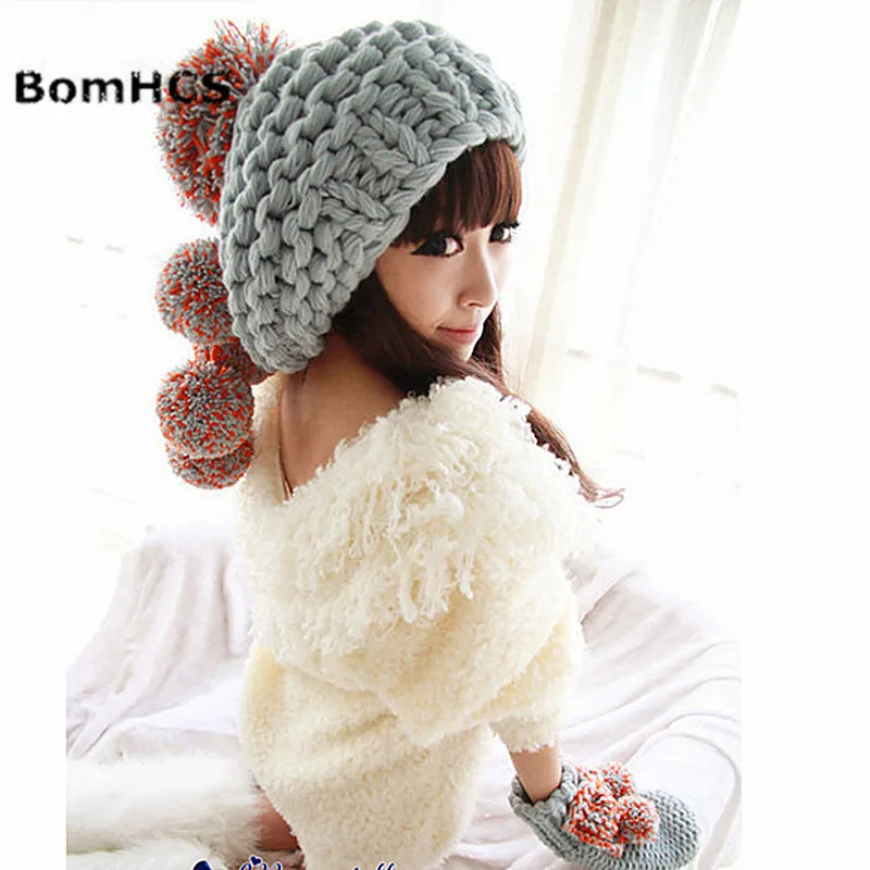 BomHCS Lovely Women\'s Beanie & Gloves Winter Warm Knit Handmade Hat Caps with Soft Poms