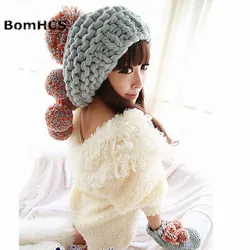 BomHCS Lovely Women's Beanie & Gloves Winter Warm Knit Handmade Hat Caps with Soft Poms