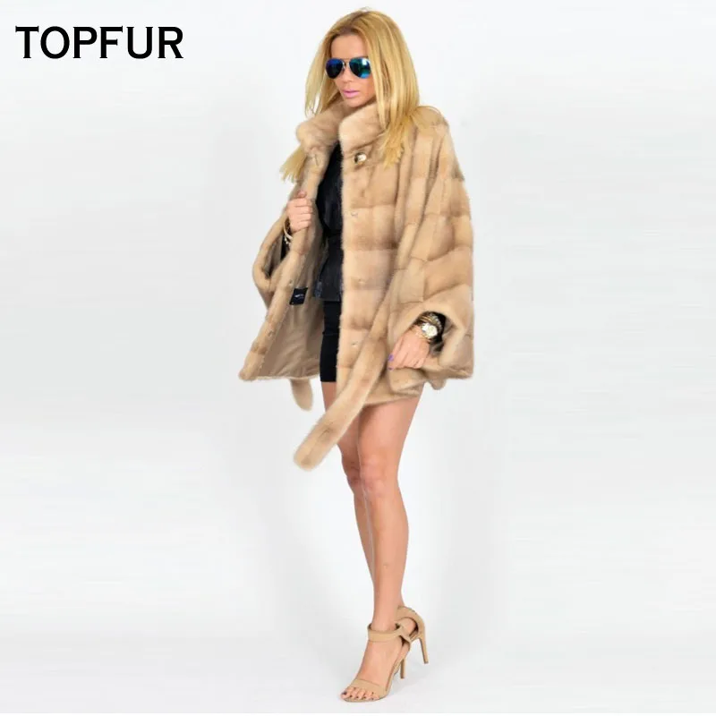 TOPFUR-abrigo de piel de visón para mujer, abrigo grueso y cálido de 70 Cm de largo con cinturón, chaquetas de piel para Otoño e Invierno