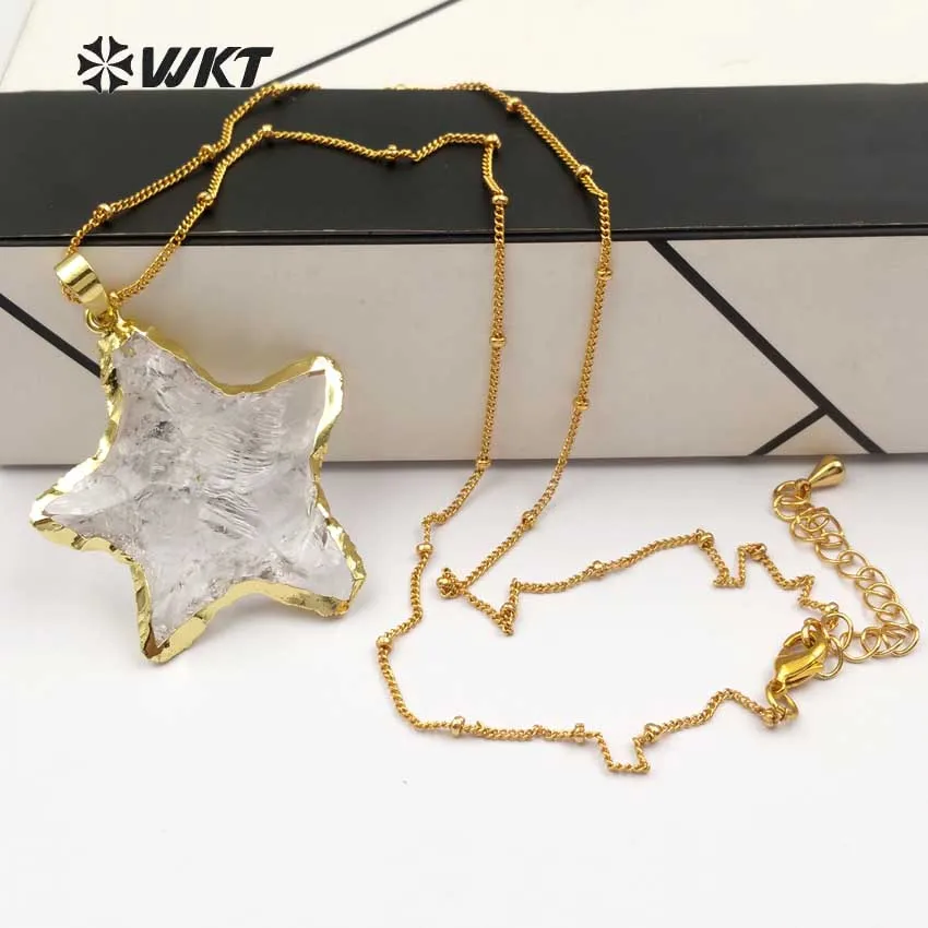 

WT-N1119 Wholesale Fashion Diy Knotted Crystal Quartz Necklace pendant Natural Stone Star with gold trim necklace jewelry