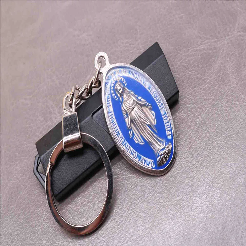 Catholic Blue Maria Keychain, Blue Yirenci Virgin Mary Key Chain Jewelry Key Chain, Jesus Cross Car Keyring Gift