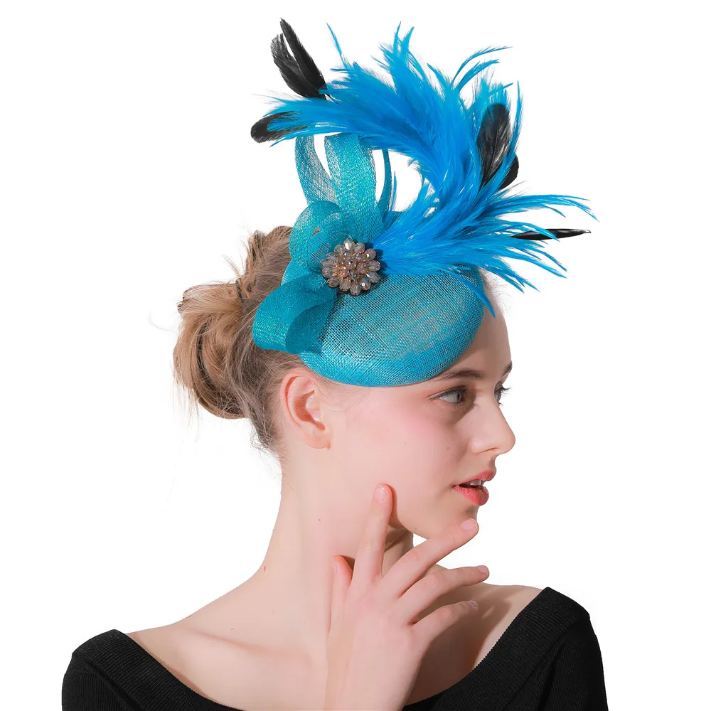 Turquoise Sinamay Women Elegant Fascinators Fancy Feathers Hats For Ladies Headpiece Party Tea Royal Hair Accessories XMF84