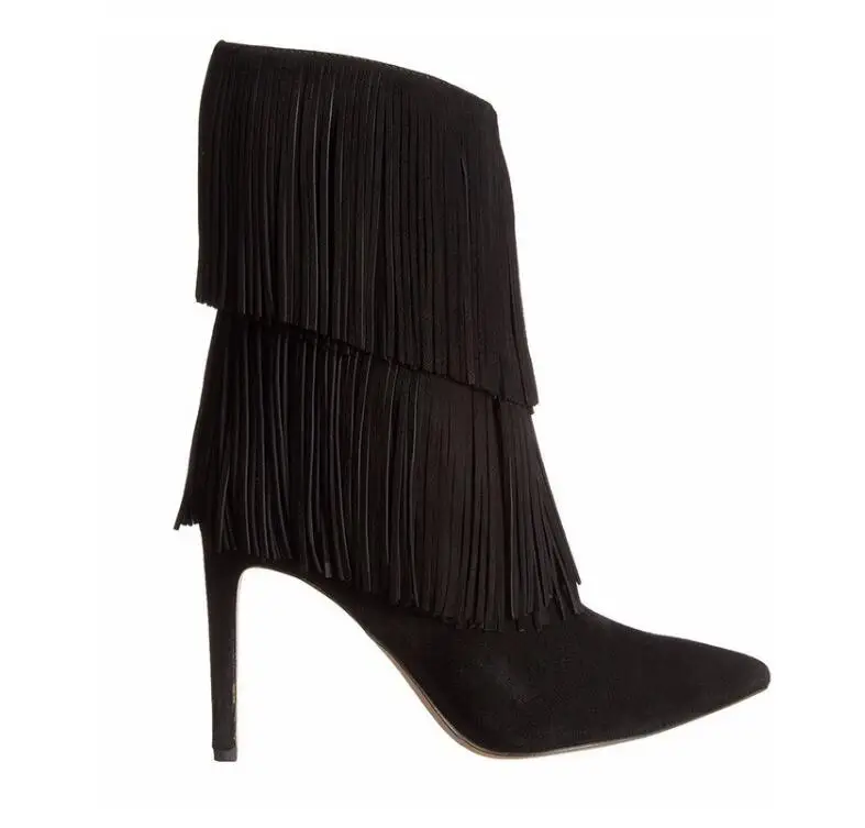 

Women Tassel Boots Brown Black Pointed Toe High Heel Fringe Mid Calf Boots Stiletto Sexy Winter Shoes 34-46 Street Style