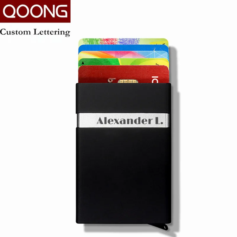 

QOONG Custom Engraving Men Women Metal Credit Card Holder Automatic Pop Up Card Sets Business Card Wallet Case Passport Holder