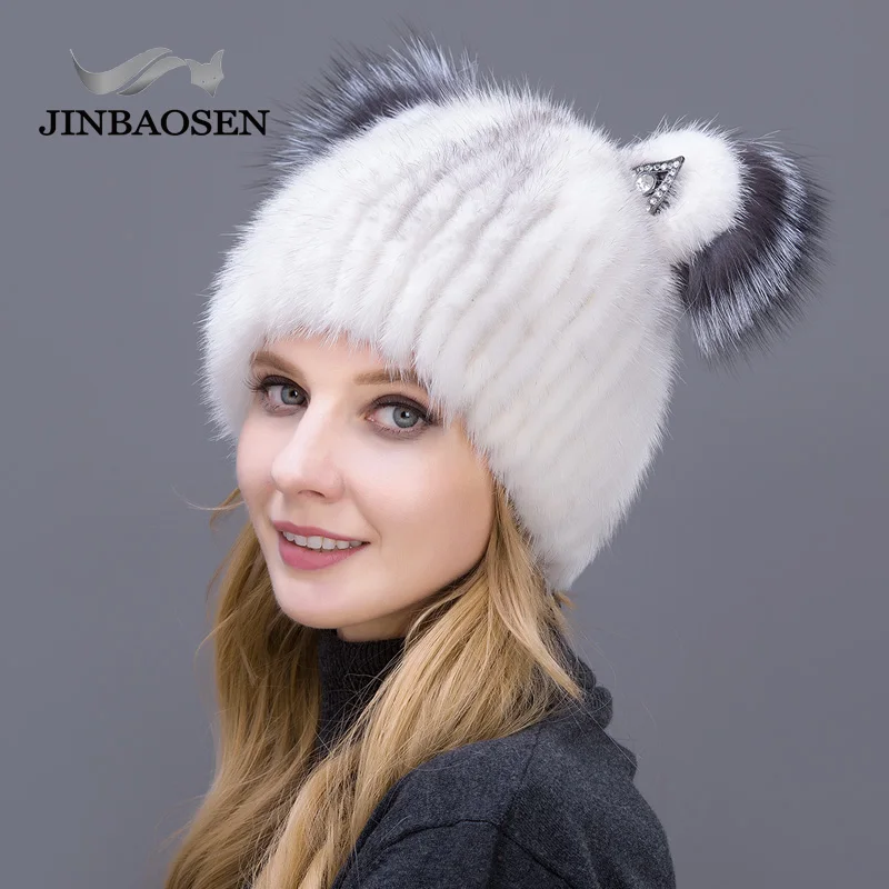 JINBAOSEN Fashion Female Mink Fox Fur Hat Suede Hat Winter Ski Cap Cat Ears Style Casual Hat Wool Cap