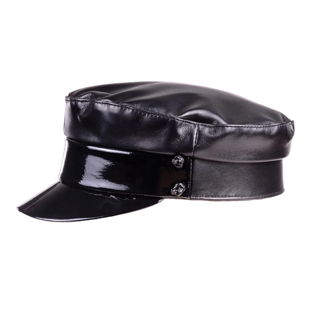 Nouvelles Femmes en cuir Véritable de Brevet En Cuir Brillant Noir Béret Gavroche Militry Armée/Marine casquettes/chapeaux