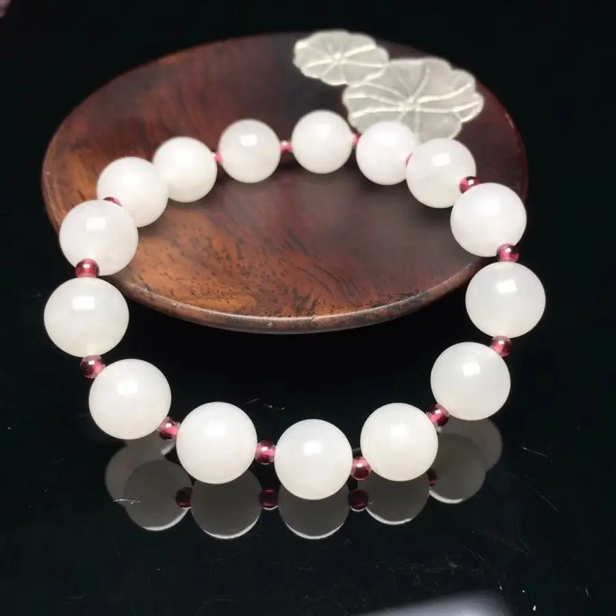 10mm Beautiful Bead Bangle White Jade with Garnet Gemstone Mala Bead Bracelet Amulet