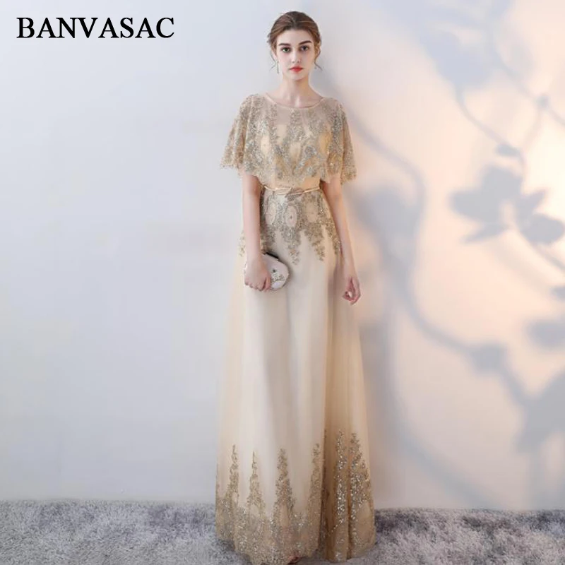 BANVASAC O Neck Sequined Leaf Sash A Line Long Evening Dresses Vintage Lace Cape Party Half Sleeve Prom Gowns