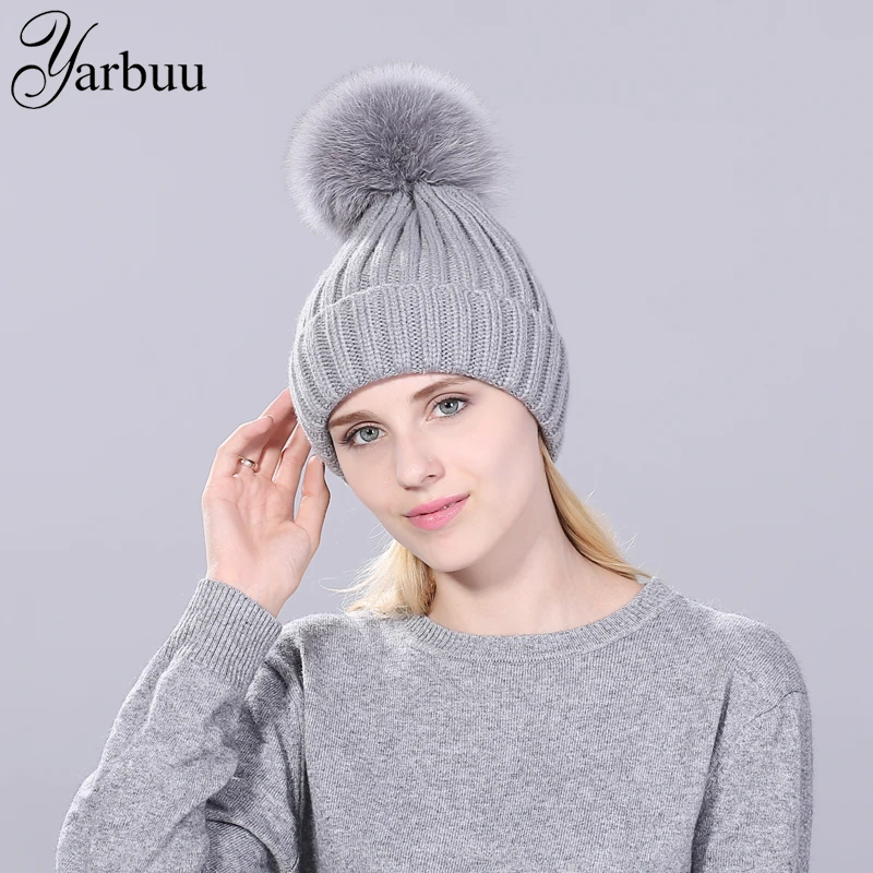 [YARBUU] winter hat for women Knitted female beanies Genuine fox Pompom cap High quality new fashion warm skullies hat for girl