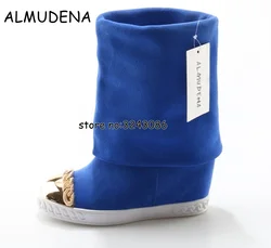 Styl uliczny pani metalowe złote łańcuchy ukryte kliny platformy buty do kolan Slip-on moda kobieta krotnie ponad zamszowe buty buty