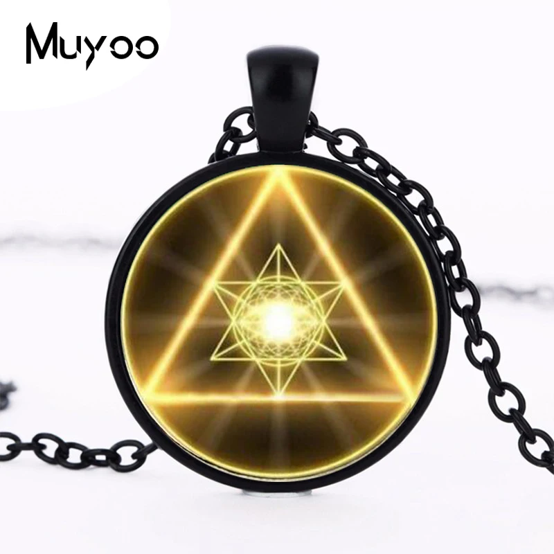 Gold Sacred Geometry Cabochon Glass Tibet Round Chain Pendant Necklace HZ1