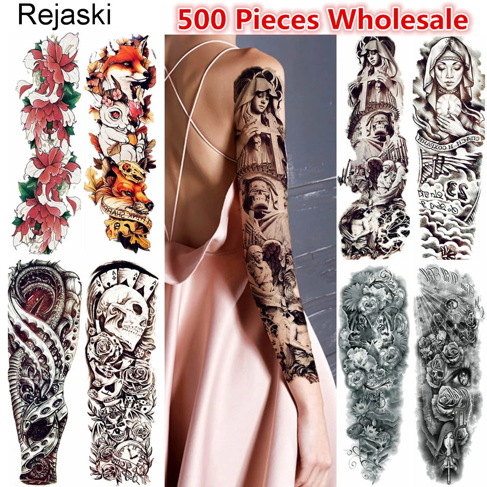 

Rejaski 500 Pieces Long Temporary Tattoo Full Arm Leg 48x17CM Fake Tatoo Fox Flower Body Art For Men Women Makeup Tattoo Sticker