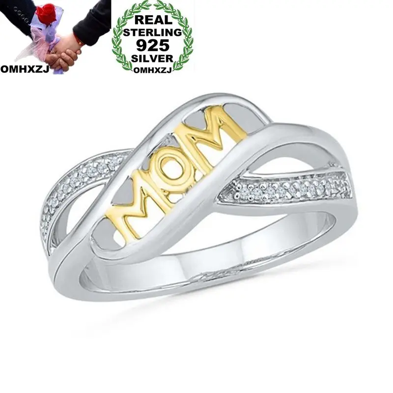 OMHXZJ Wholesale European Fashion Woman Man Party Wedding Gift Mom AAA Zircon 925 Sterling Silver 18KT Yellow Gold Ring RR350