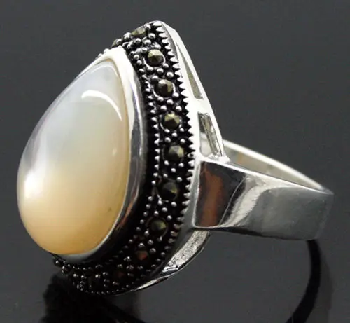 good Bridal Wedding unsex 25*20mm RARE NATURAL WHITE SHELL GEMS MARCASITE 925 STERLING  RING SIZE 7/8/9/10Luxury Girls Wedding