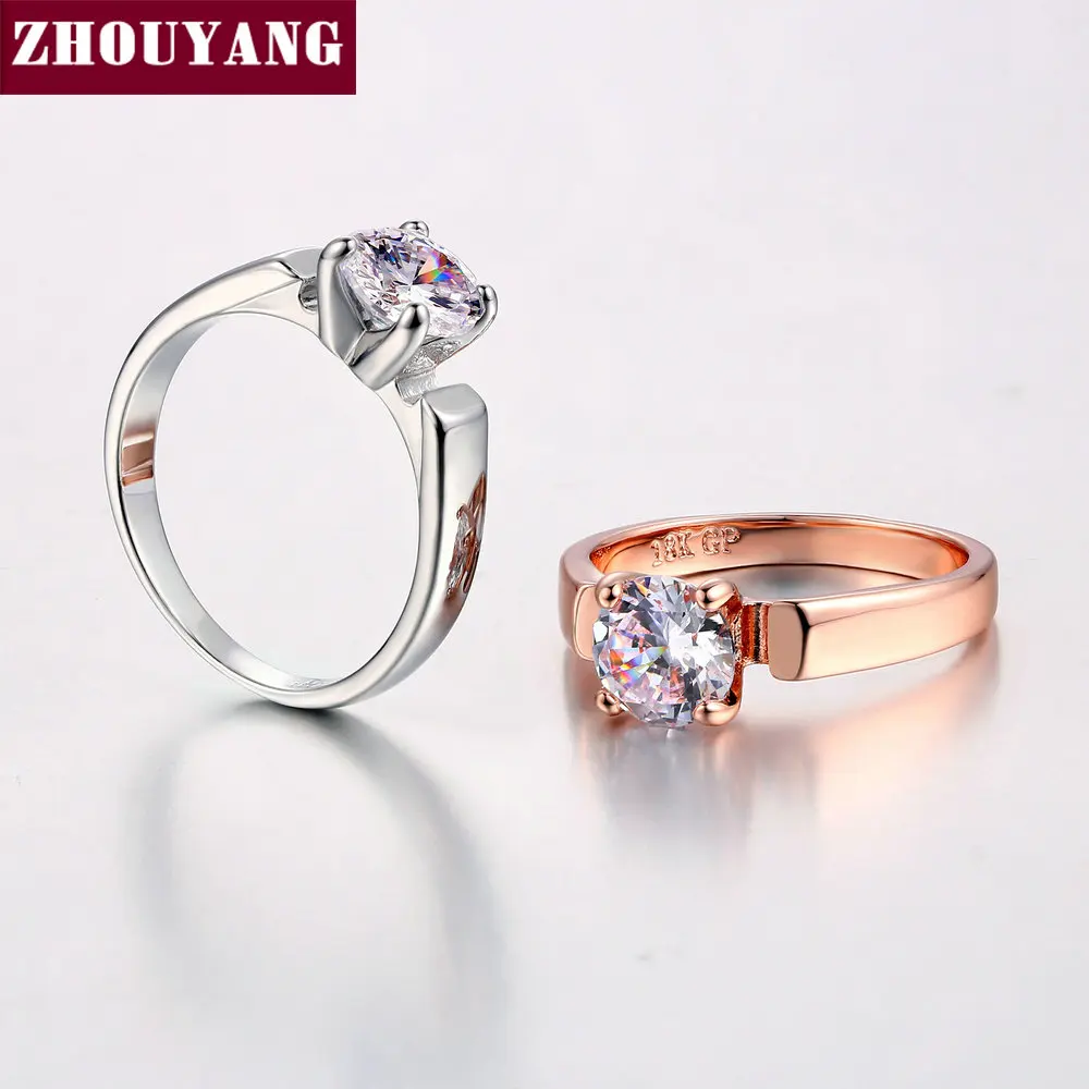 ZHOUYANG Wedding Ring For Women 4 Prongs Classic 7mm Cubic Zirconia Rose Gold Color & Silver Color Fashion Jewelry ZYR054 ZYR053