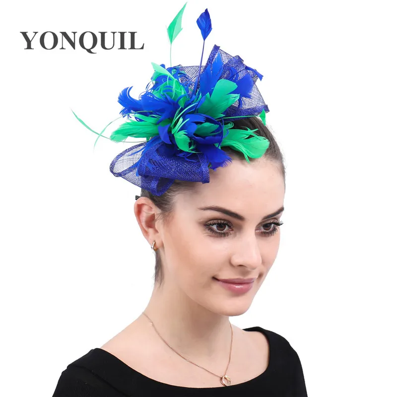 Royal Blue With Green Bride Women Fascinator Hat Elegant Ladies Show Headwear With Hair Clip Bridal Wedding Hair Accessories