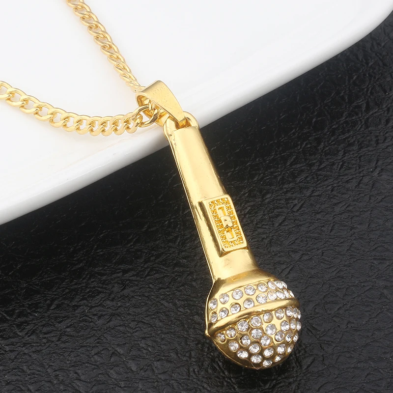 SG HIP Hop Gold Color Ice Out Bling Music Stereoscopic Microphone Pendants Necklaces For Men Women Jewelry