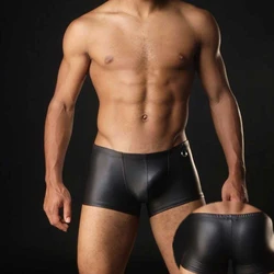 Plus Size Boxers Black Nylon Sexy Men PU Faux Leather Underwear Boxers Shorts Sheathy Cool Male Gay Underwear 1PCS