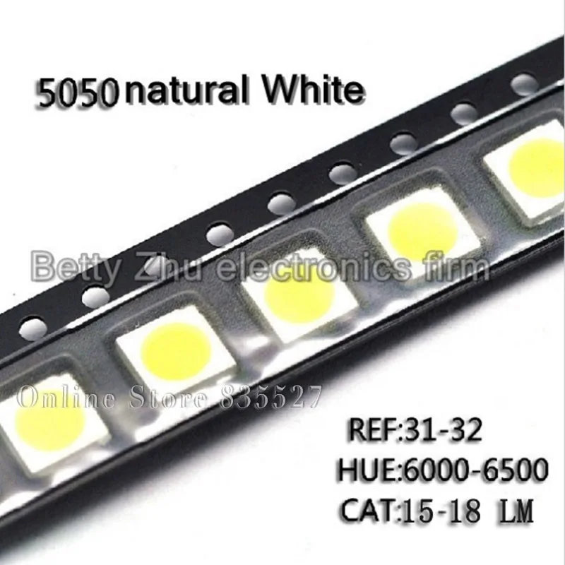 1000PCS/reel 5050 white SMD LED bright Pure White light-emitting diodes 15-18LM 6500-7000K 30MA Lamp beads